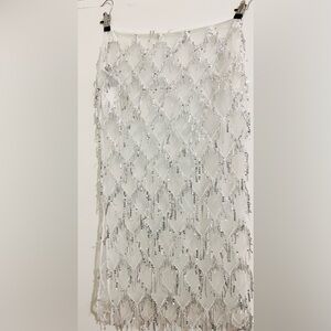 White & Silver Embellished Mesh Midi Skirt | Beaded Sheer Cover-Up | Size 12 NWT
